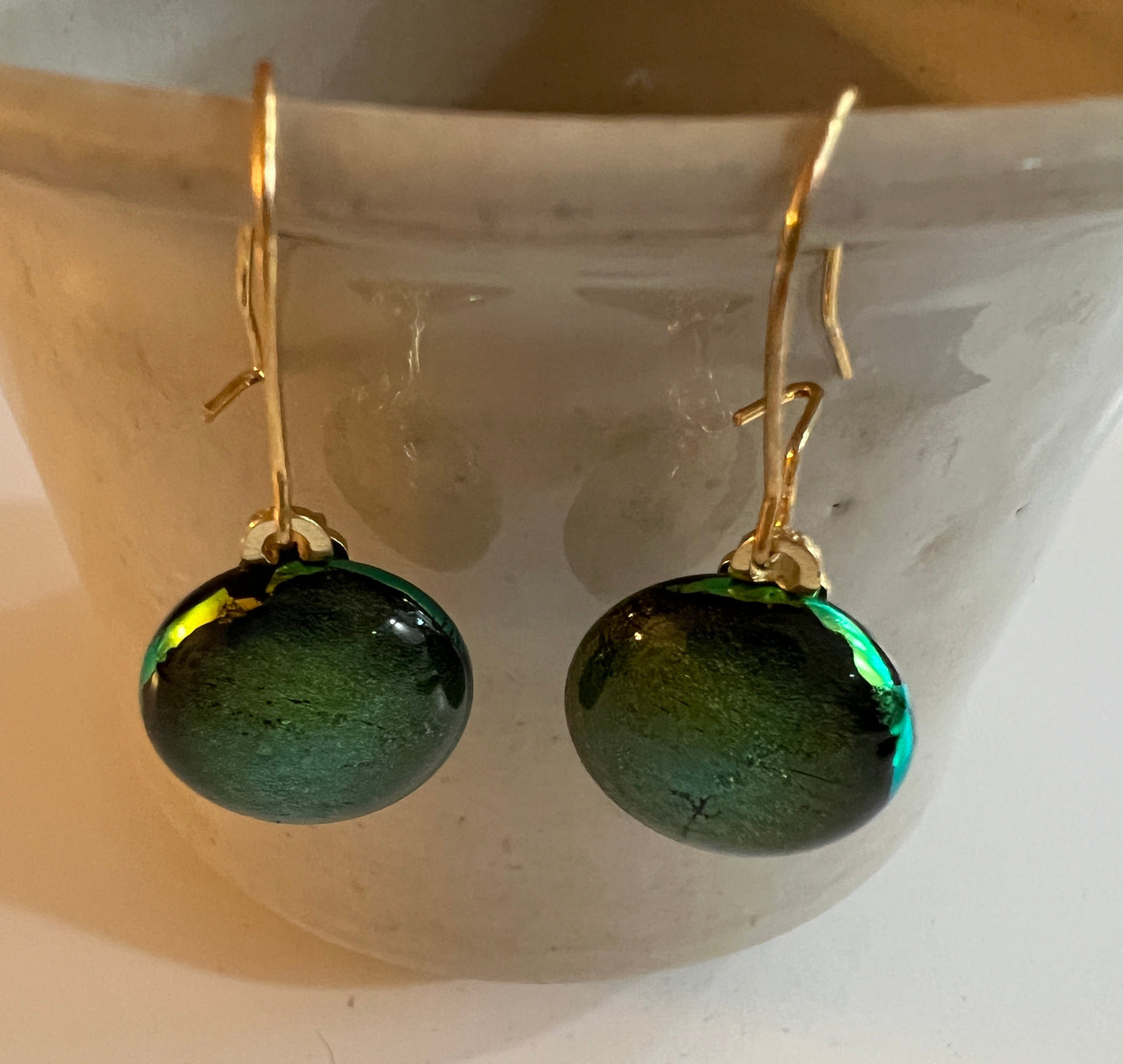 Fused Glass Earrings - Dichroic green