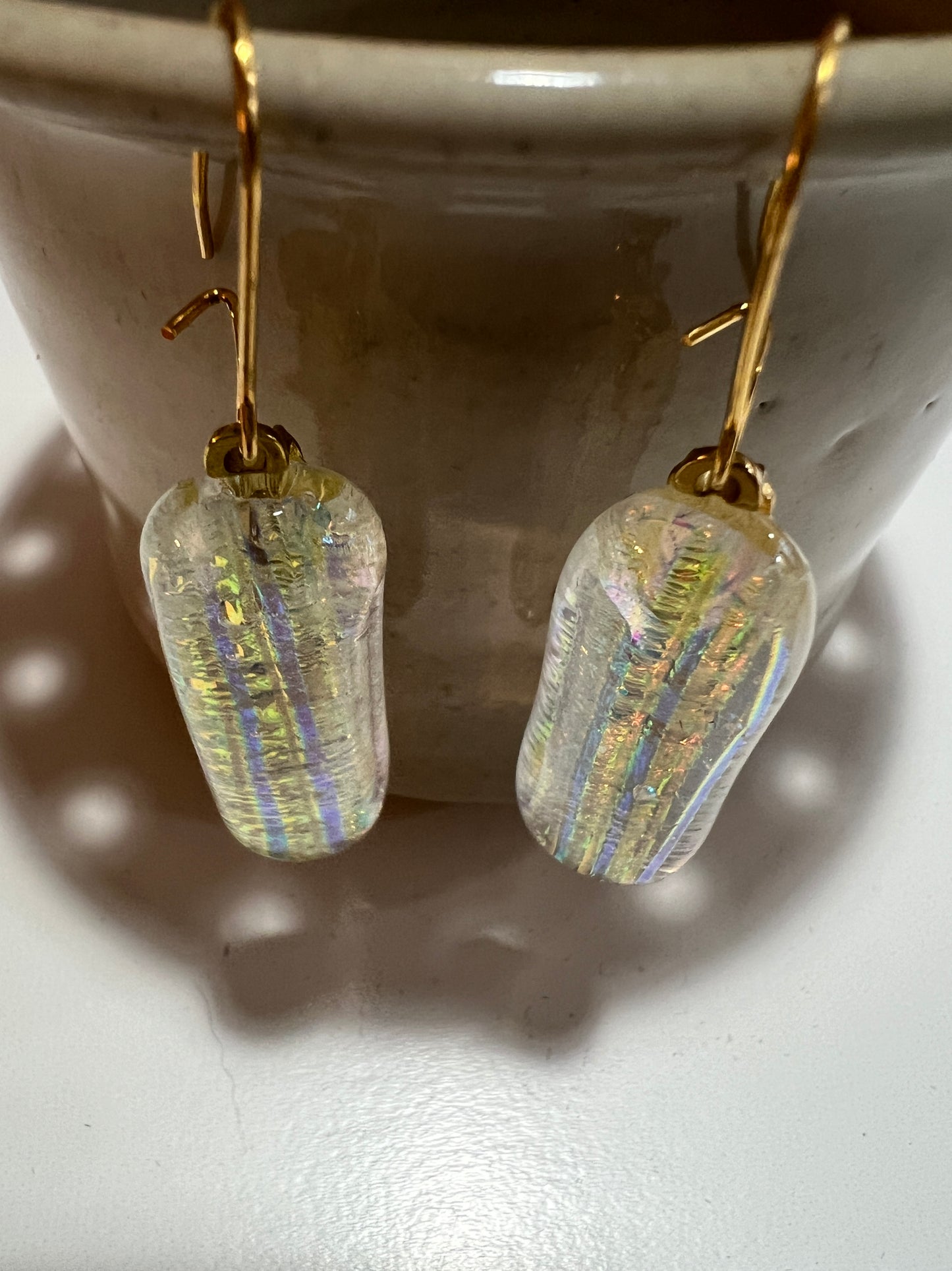 Fused Glass Earrings - Gold dichroic on clear glass