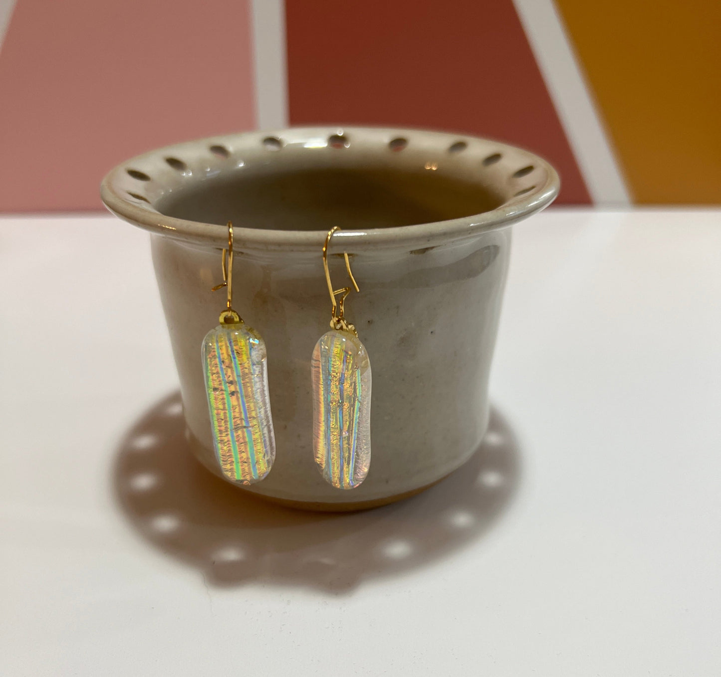 Fused Glass Earrings - Gold dichroic on clear glass