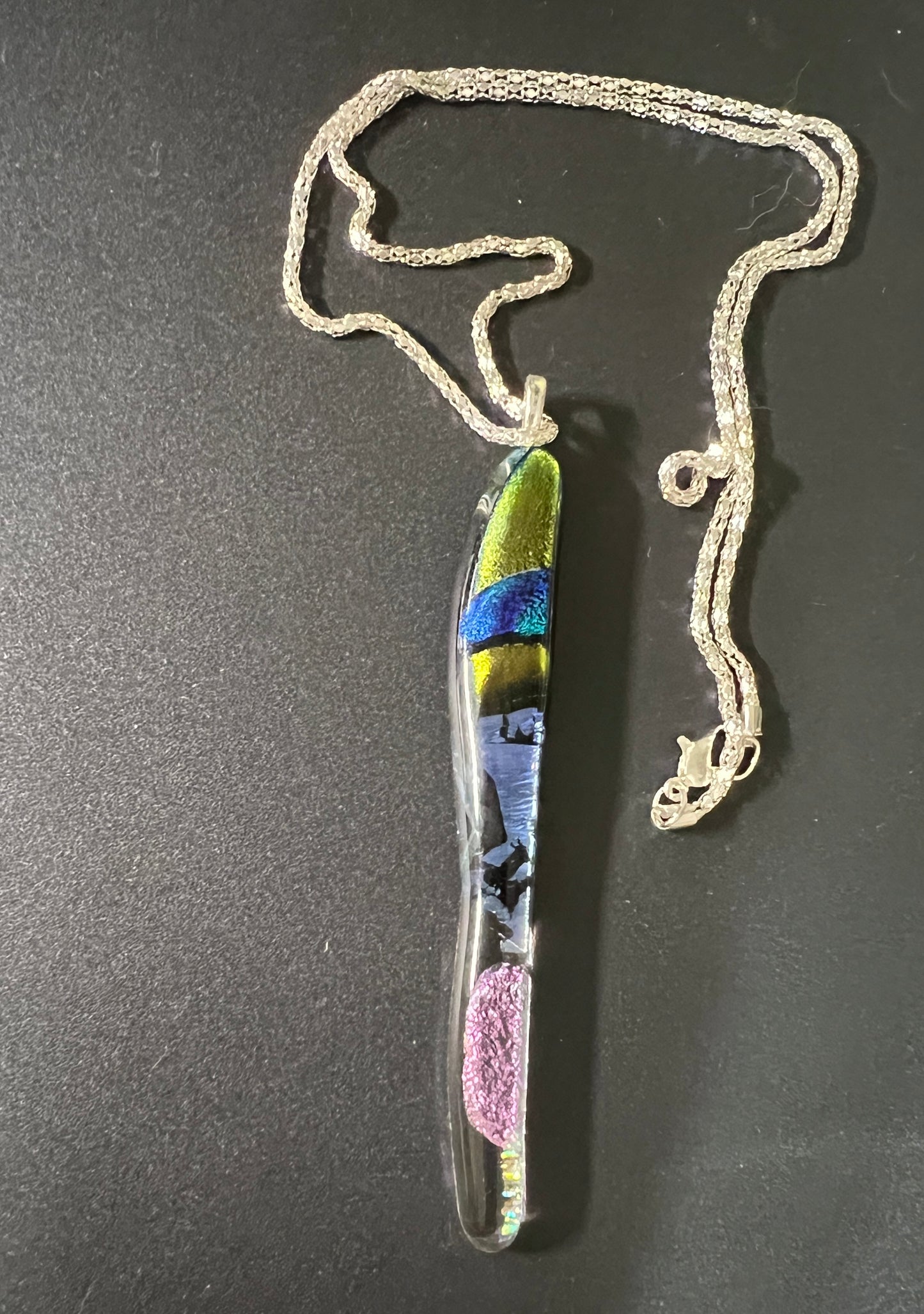 Fused Glass Pendant - long organic shape bar with dichroic